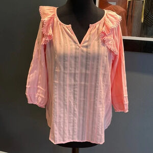 Hester & Orchard peach/silver stripe ruffle shoulder pleated long sleeve top NWT